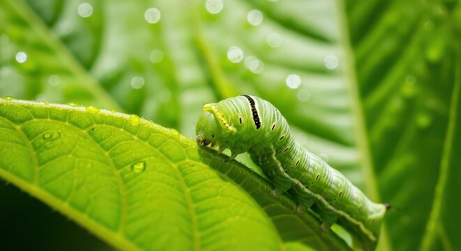 Tiny green caterpillar munching on a lush leaf in nature