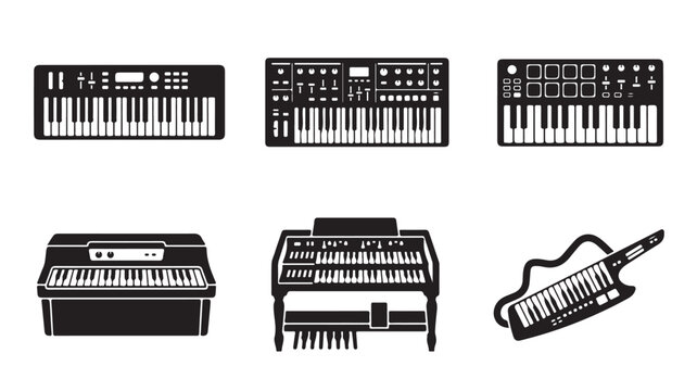 Collection of six black and white keyboard instrument icons including synthesizers and pianos in various styles