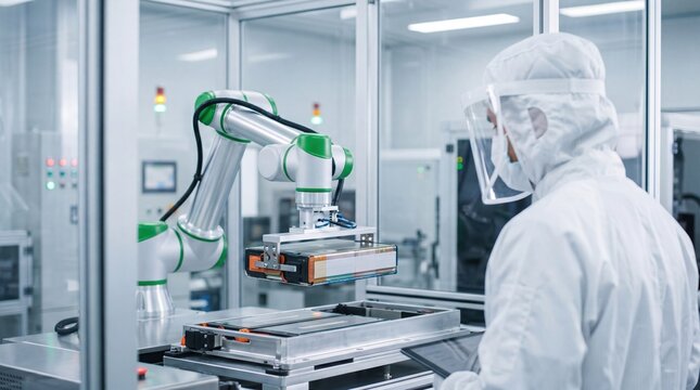 High tech robotic arm assembling lithium ion battery module in clean room factory, worker in protective suit monitoring automated industrial production line process.