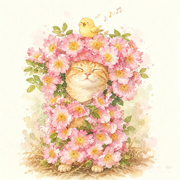 Cute Orange Tabby Cat Wearing a White Blossom Flower Crown and Floral Cloak Illustration Isolated on White Background