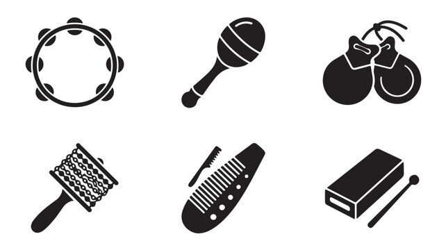 Black silhouette icons of various musical instruments and grooming tools on white background