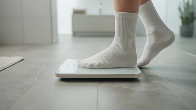 Close up of feet in white socks stepping on electronic weighing scale in bathroom