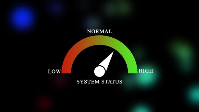 System status gauge indicator animation: low to performance meter with bokeh background