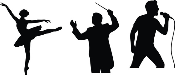 Performing arts silhouettes collection with ballet dancer, orchestra conductor, and singer holding microphone © MSTMEHEJABINBINDA