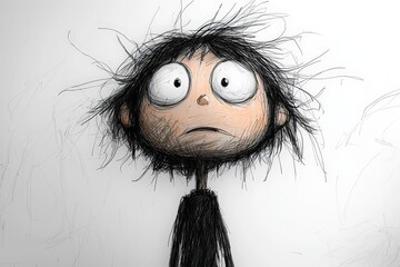Fototapeta premium Messyhaired child with wide eyes and anxious expression on white background, handdrawn doodle art style