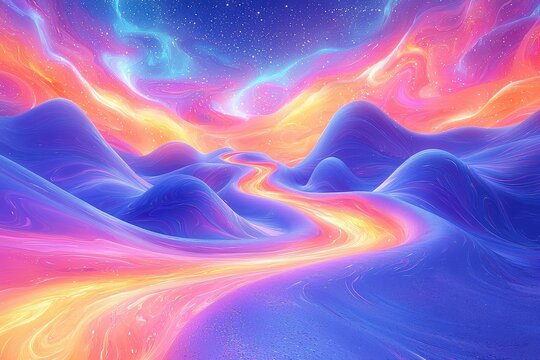 Vibrant neon landscape with surreal mountains and glowing river under a starry sky, abstract cosmic scenery, dreamlike colors