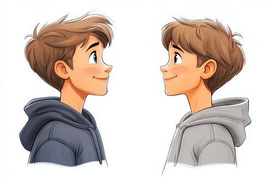 Smiling boys in hoodies face to face, friendly cartoon characters, casual style, youthful expressions, brown hair