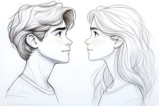 Side profile drawing of young man and woman facing each other, minimalist black and white line art, romantic modern portrait