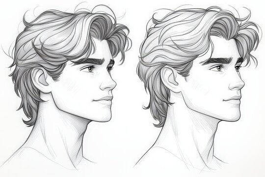 Handsome male character side profile drawing with wavy hair, sharp jawline, defined features, and expressive eyes