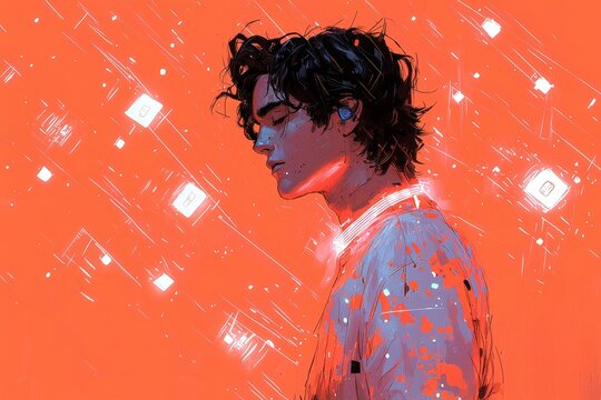 Pensive young man with earbuds in futuristic digital aura, neon orange background, modern trendy concept art
