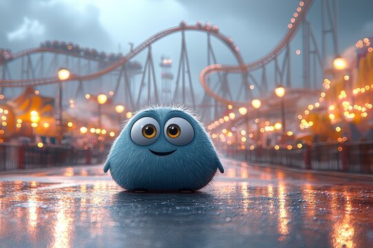 Adorable blue furry character smiling happily on wet amusement park pathway with roller coaster and festive lights