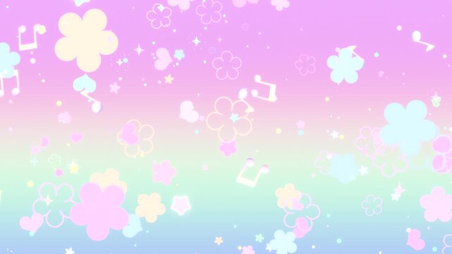 Dreamy gradient background with glowing stars, flowers, music notes, and particles motion graphics. (loop)