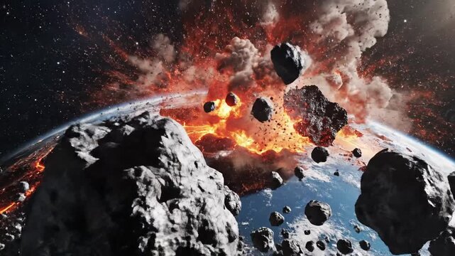 Multiple asteroids crashing into planet Earth causing massive fiery explosions and smoke in outer space