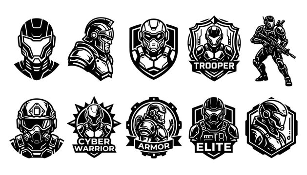 Trooper Armor Badges and Emblems Featuring Futuristic Warrior Designs with Cyber Warrior and Elite Labels