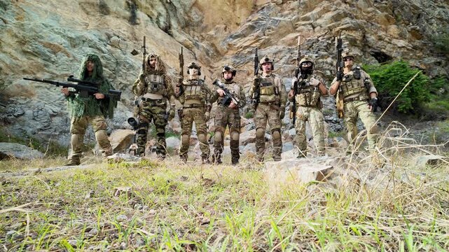 Special operations team stands together during military training exercise, showcasing unity, readiness and tactical capability