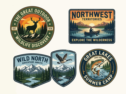 Collection of Vintage Outdoor Adventure Patches Featuring Wildlife, Landscapes, and Water Activities