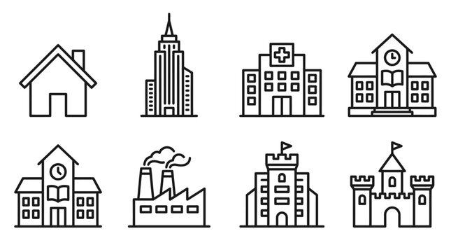 Collection of minimal building icons depicting urban and suburban architecture