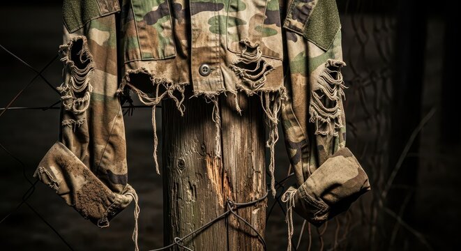 Torn Military Fatigues Draped Over a Weathered Wooden Post