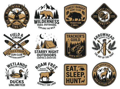 Vintage Outdoor Adventure Logos Featuring Wildlife, Camping, and Hunting Themes.