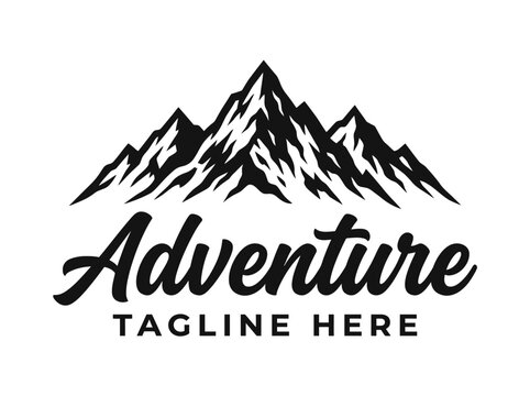 Bold mountain range logo with "Adventure" text and tagline placeholder for outdoor exploration and travel themes