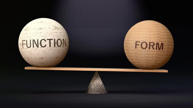 Function and Form in balance - balancing spheres on a scale symbolizing harmony, equity and equilibrium between function and form. Harmonious and beneficial situation. Made by human for humans