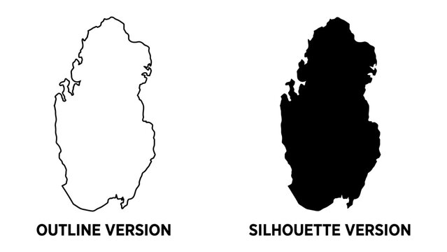 Qatar Outline and Silhouette: Two distinct representations of Qatar, one as a clean white outline and the other as a solid black silhouette, perfect for design and informational purposes.