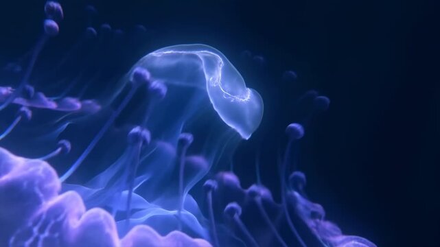 Translucent bioluminescent jellyfish bell in deep blue water with scalloped edge, layered inner dome, curling tentacles, soft glow, and delicate flowing form, with jellyfish, translucent