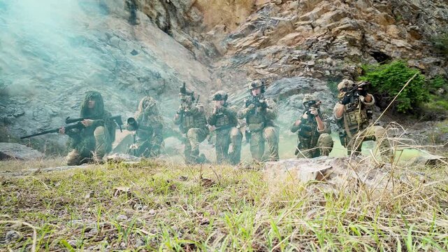 Special operations team stands together during military training exercise, showcasing unity, readiness and tactical capability
