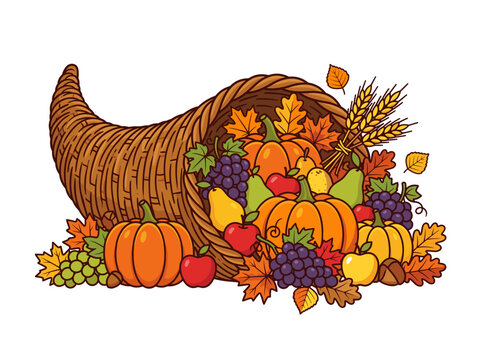 Abundant harvest cornucopia overflowing with fruits, vegetables, and autumn leaves