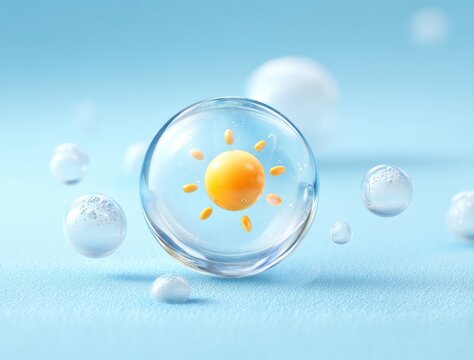 Close-up of a floating sperm cell surrounded by smaller spheres on a blue background