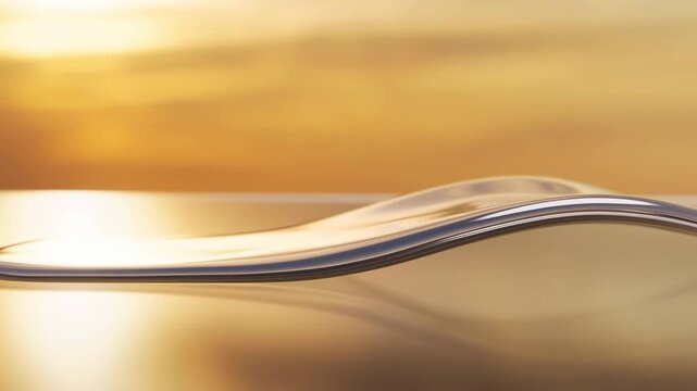Glossy reflective surface forming low wave crest with specular rim highlight, warm golden gradient, smooth undulating motion, elegant abstract texture and soft mirrored light