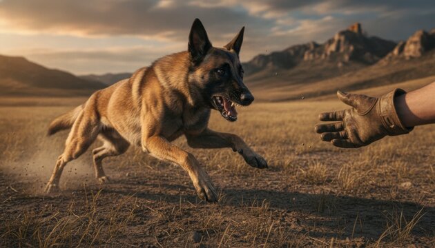 An aggressive Belgian Malinois dog lunges toward a human hand outstretched in an open field.