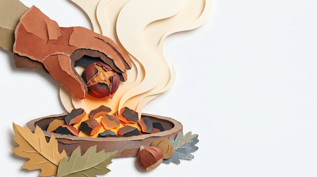 Hand placing roasted chestnuts into a bowl over an open fire  