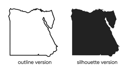 Egypt Map Outline and Silhouette: A clear visual representation of Egypt's geographic shape, presented in both an outline and a solid silhouette version. © Asma