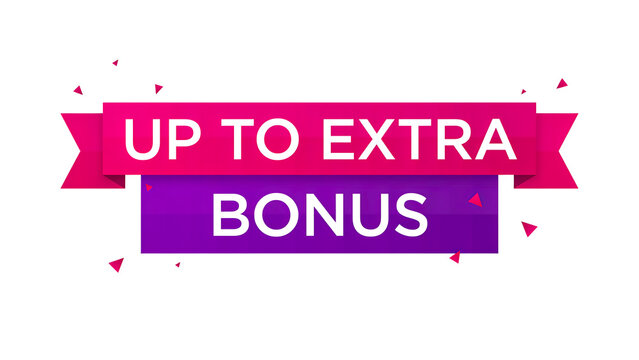 Up to extra bonus promotional banner with vibrant pink and purple gradient ribbon