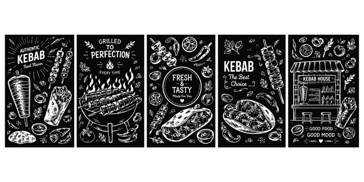 Authentic kebab house banners pack with variety of grilled meats and wraps on black.
