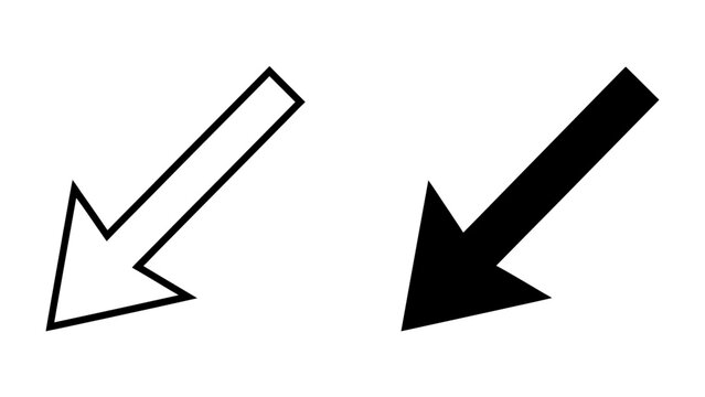 Arrows pointing down diagonally: Two arrows, one outlined and one solid black, both point downwards at a diagonal angle, indicating direction or a trend.