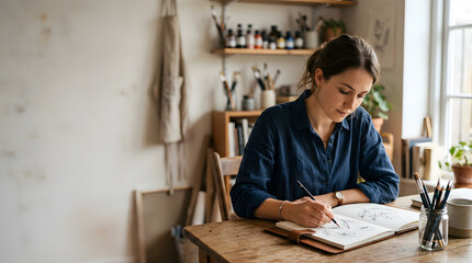 Fototapeta premium Focused female artist sketching in her sunny professional home studio with professional art supplies and creative workspace environment