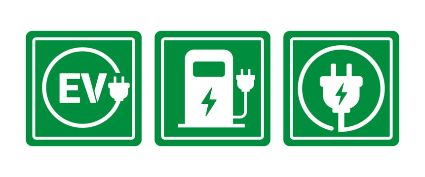 EV Charging Area Sign Set with Electric Vehicle Charging Icons Parking Symbols Green Energy Station Labels and EV Charger Signs