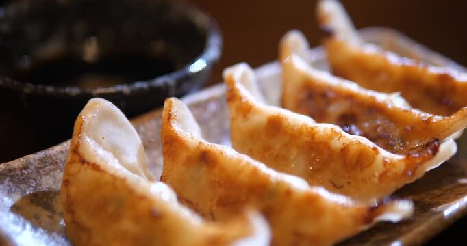 Close up of Japanese gyoza pan fried dumplings on plate
