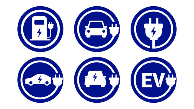 Electric Vehicle Charging Station Sign Collection with Blue EV Parking Icons and Plug Symbols for Traffic and Safety Signage