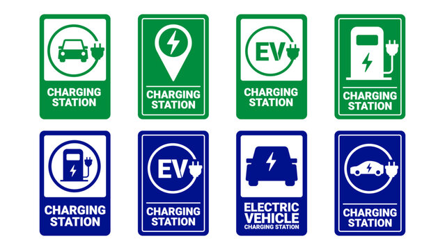 Electric Vehicle Charging Station Sign Collection with EV Parking Symbols Charging Point Icons and Traffic Safety Sign Designs