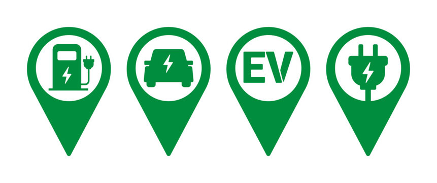EV Charging Area Location Pin Set with Electric Vehicle Map Markers Charging Station Icons Green Navigation Symbols and GPS Pins