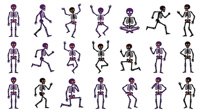 Animated skeleton characters in various fun dance poses and activities