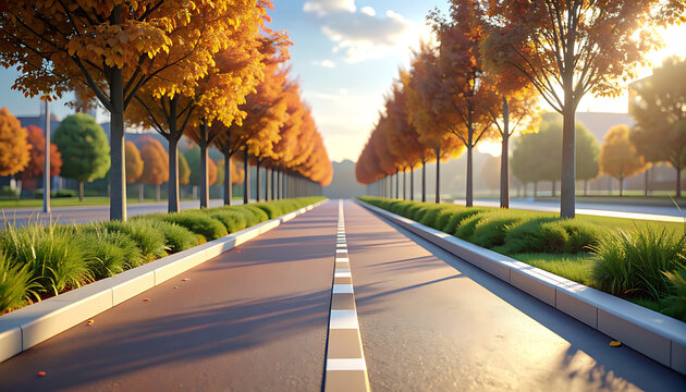 Autumn trees line the road way.