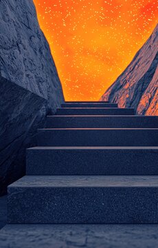 A staircase leads to a vibrant orange sky between two mountains