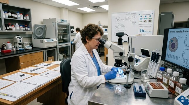 A woman in a lab coat and gloves works in a laboratory with a microscope and various scientific equipment.
