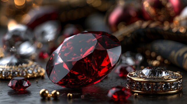 A faceted red gemstone resting among jewelry on a textured surface with a warm bokeh background for marketing.