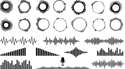 Abstract sound wave collection, circular audio frequency spectrum icons, digital music equalizer bars and podcast waveform set in EPS format © Angel