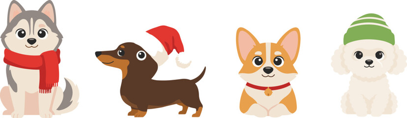 Cute Christmas Dog Breed Vector Set with Husky in Red Scarf, Dachshund in Santa Hat, Corgi, and Poodle in Winter Beanie Hat © Rownok